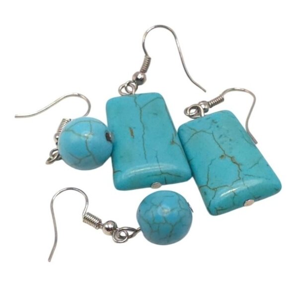 Turquoise Stone Dangle Earrings Set With Rectangular & Round Stone Design - Picture 2 of 4